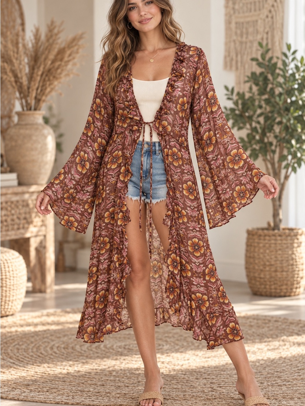 Angie Brown Floral Tie-Front Kimono (090890) ☮️ 🌼